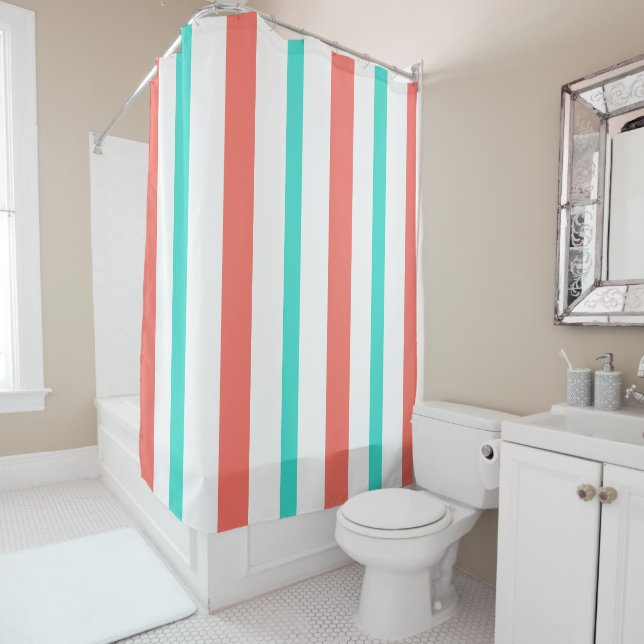 Summer Coral Turquoise White Vertical Stripes Shower Curtain (In Situ)
