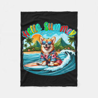 Summer Costume Corgi Sungles Surfing On Beach Surf Fleece Blanket