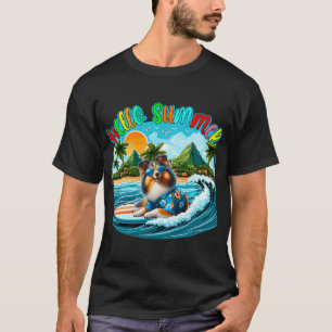Summer Costume Sheltie Sunglasses Surfing On Beach T-Shirt