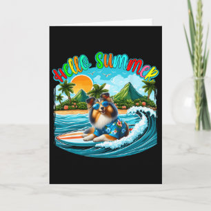 Summer Costume Sheltie Sungles Surfing On Beach Su Card