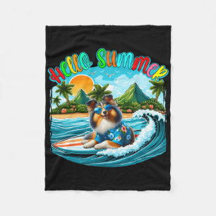 Summer Costume Sheltie Sungles Surfing On Beach Su Fleece Blanket