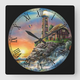 Summer Cottage and Lighthouse Fine Art Square Wall Clock