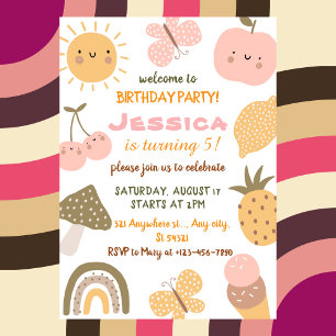 Summer Cute Fruit & Rainbow 5th Birthday Party Invitation