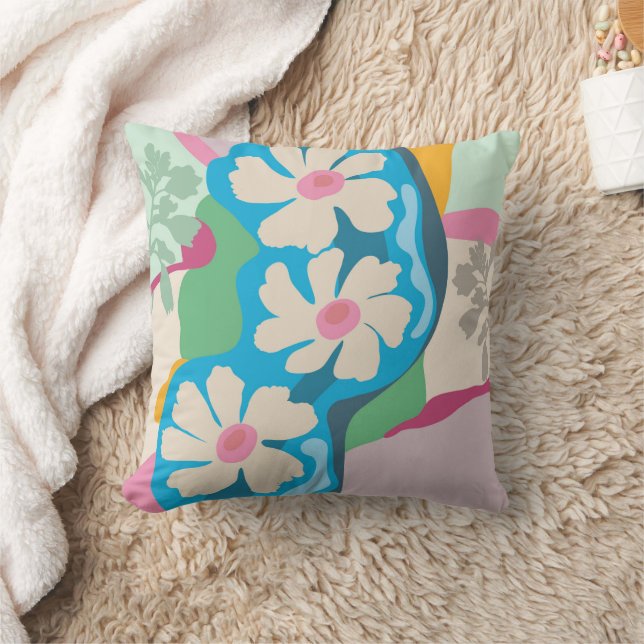 Summer Daisies Colour Blocks Modern Floral  Cushion (Blanket)