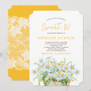 Summer daisies yellow and white lace sweet sixteen invitation
