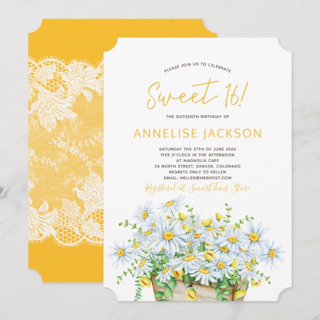 Summer daisies yellow and white lace sweet sixteen invitation (Front/Back)