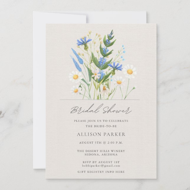 Summer Daisy Blue Wildflower Bridal Shower Invitation (Front)