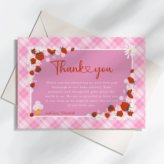 Summer Daisy Flower Berry Sweet Baby Shower  Thank You Card (Someone Berry Sweet is on the Way Summer Daisy Flower & Strawberry Pink Plaid  Baby Shower Thank You)