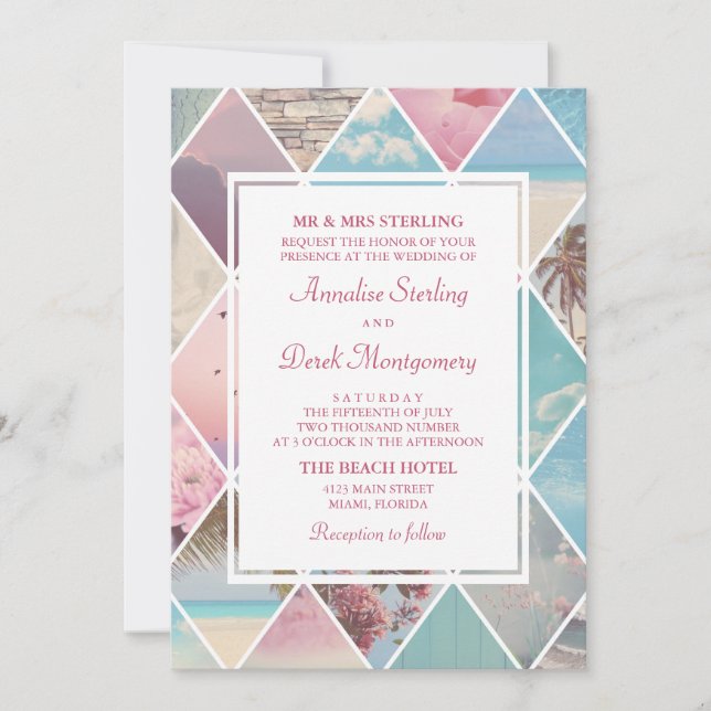 Summer Diamonds | Pink & Blue Beach Wedding Invitation (Front)