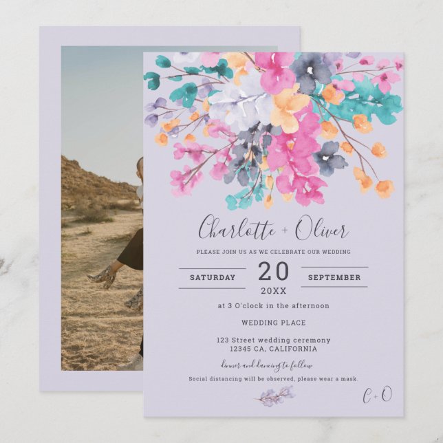 Summer dried wild floral watercolor photo wedding  invitation (Front/Back)