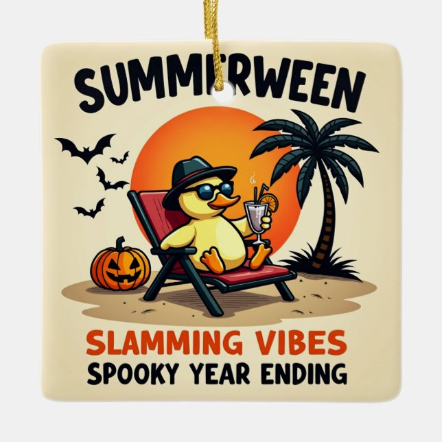 Summer Duck And Pretty Witch Halloween Ceramic Ornament (Front)