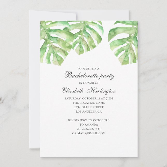Summer exotic leaves. Tropical bachelorette party Invitation (Front)