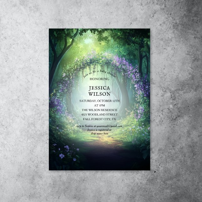 Summer Fairy Tale Enchanted Forest  Baby Shower Invitation (enchanted woods with purple flowers)