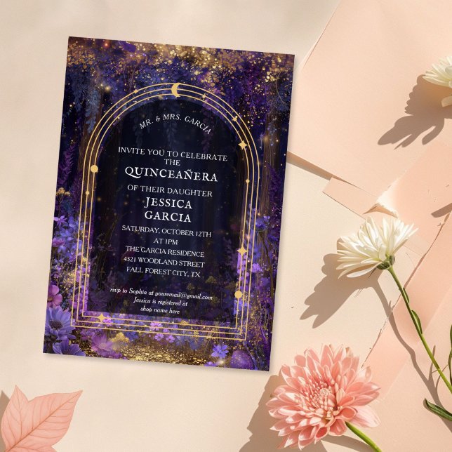 Summer Fairy Tale Enchanted Forest  Quinceañera  Invitation (purple and gold glitter enchanted forest Quinceanera invitation)