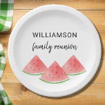 Summer Family Reunion Watermelon Paper Plate<br><div class="desc">These Family Reunion Paper Plates are decorated with watercolor watermelons.
Easily customisable.
Use the Design Tool to change the text size,  style,  or colour.
Because we create our artwork you won't find this exact image from other designers.
Original Watercolor © Michele Davies.</div>