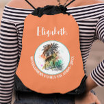 Summer Family Vacation Orange Drawstring Bag<br><div class="desc">A stylish drawstring bag features a summer vacation illustration on orange background along with your first name and occasion in chic lettering. Perfect bags to stuff with fun stuff for everyone on your vacation. *ADD FIRST NAME TO BAG, add to cart for each name ordered. MATCHING items in our collection....</div>