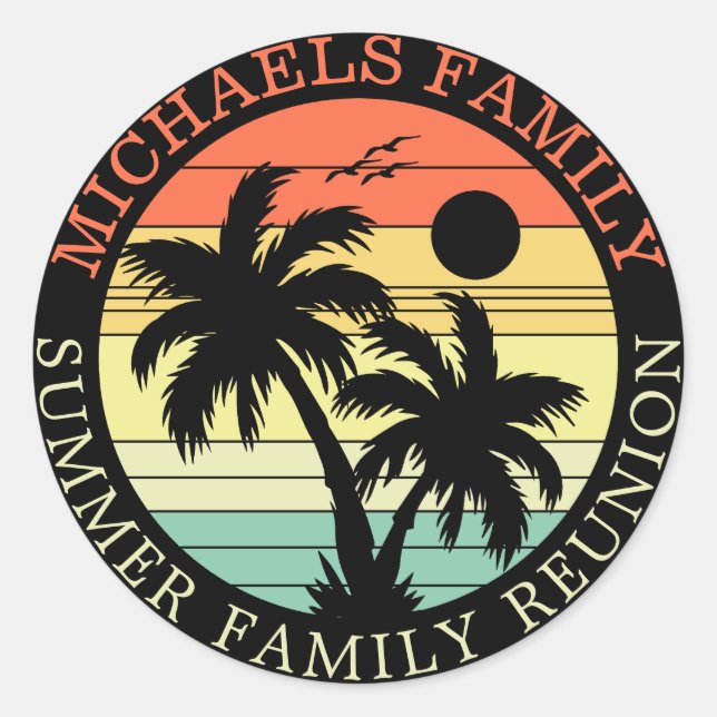 Summer Family Vacation Sunset Palm Tree Cute Classic Round Sticker (Front)