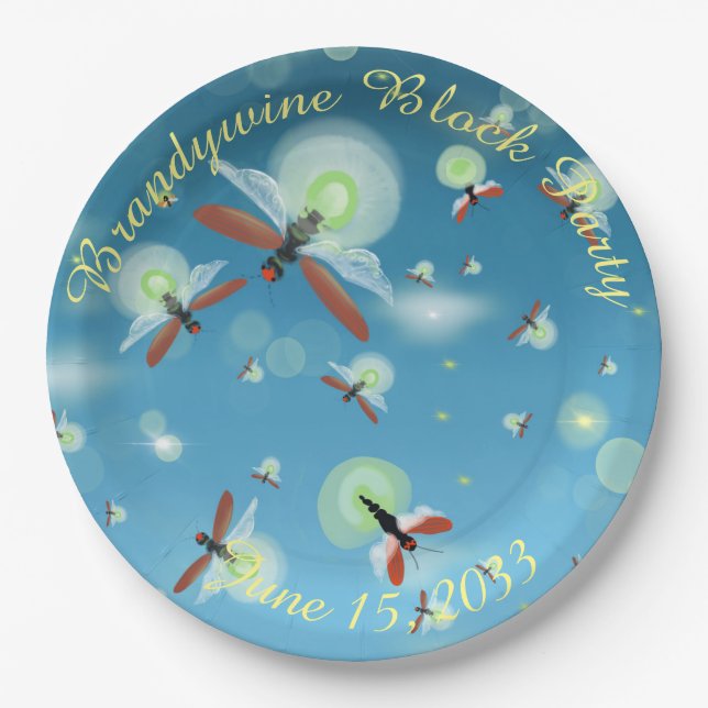 Summer Firefly Blue Ombre Custom Paper Plate (Front)