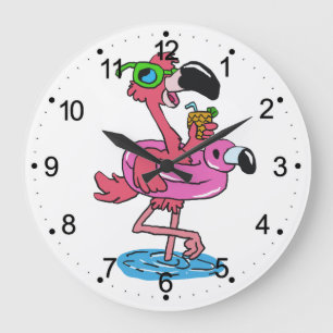 Summer Flamingo cartoon   choose background color Large Clock