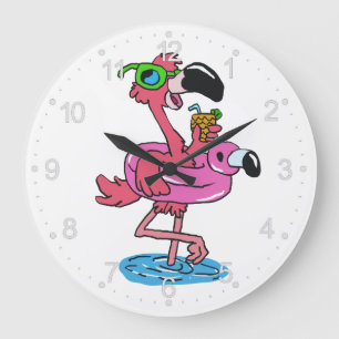 Summer Flamingo cartoon   choose background color Large Clock