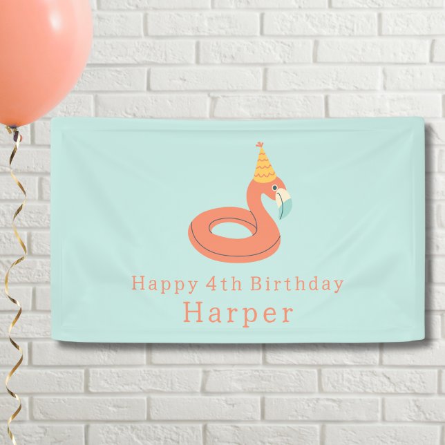 summer flamingo float kids birthday pool party banner (flamingo happy birthday pool party personalized name large banner sign)