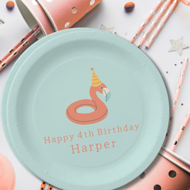 summer flamingo float kids birthday pool party paper plate (flamingo happy birthday pool party modern paper plates paper party products & supplies)