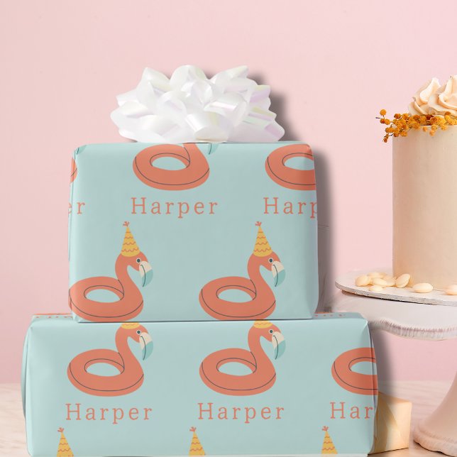 summer flamingo float kids birthday pool party wrapping paper (flamingo birthday pool party wrapping paper personalized custom name )
