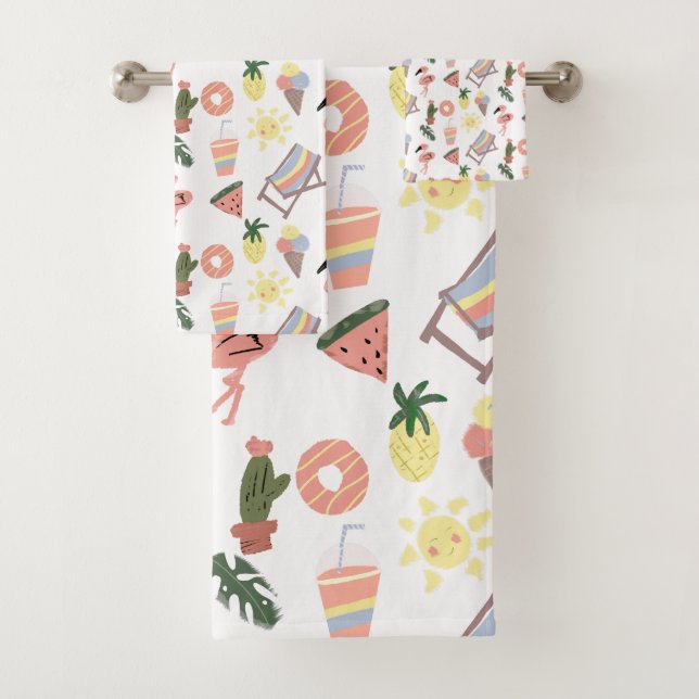 Summer Flamingo Hand Drawn Doodles Bath Towel Set (Insitu)