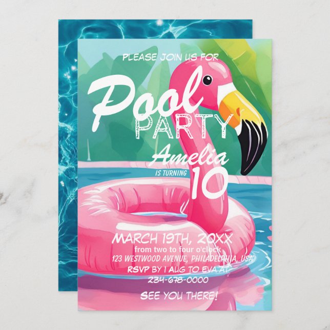  Summer Flamingo Pool Party Girl 10th Birthday Invitation (Front/Back)