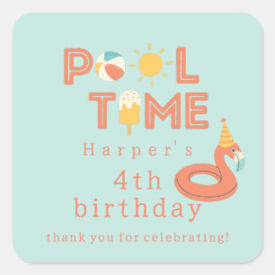 summer flamingo popsicle kids birthday pool party square sticker