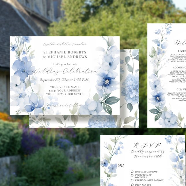 Summer Floral Blue and White Elegant Wedding Invitation (Creator Uploaded)
