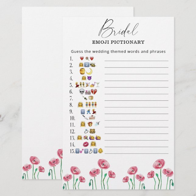 Summer floral bridal shower emoji pictionary game (Front/Back)