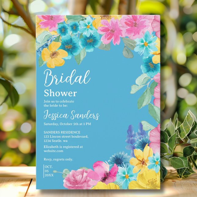 Summer floral Bridal Shower with Photo Blue Invitation (Creator Uploaded)