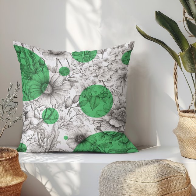 Summer Floral decorative Kelly Green Retro Peonies Cushion (Modern floral throw pillow with black and white sketch flowers and kelly green retro circles.)