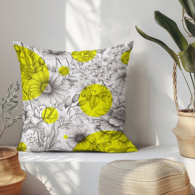 Summer Floral decorative Yellow Retro Peonies Cushion (Modern floral throw pillow with black and white sketch flowers and bright yellow retro circles.)