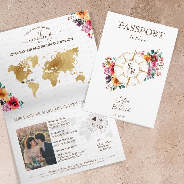 Summer Floral Destination Wedding Passport Invitation (passport wedding invitation with compass and flowers)