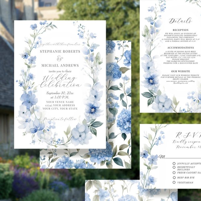 Summer Floral Elegant Blue and White Wedding Invitation (Creator Uploaded)