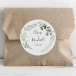 Summer Floral Green Foliage Wedding    Classic Round Sticker<br><div class="desc">This summer floral green foliage wedding classic round sticker is perfect for a simple wedding reception. The design features watercolor green leaves and white flowers bunched in artistic looking bouquets</div>