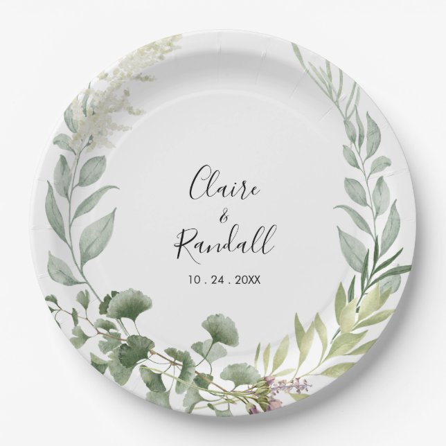  Summer Floral Green Foliage White Wedding  Paper Plate (Front)
