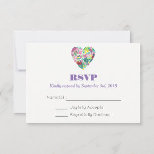 Summer Floral Heart in Pink and Green Wedding RSVP Card