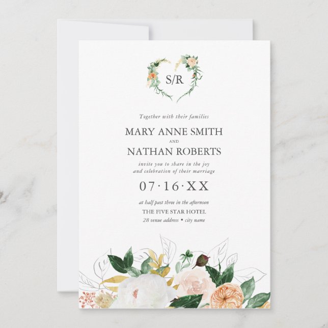 Summer Floral Orange Botanical Monogram Wedding Invitation (Front)