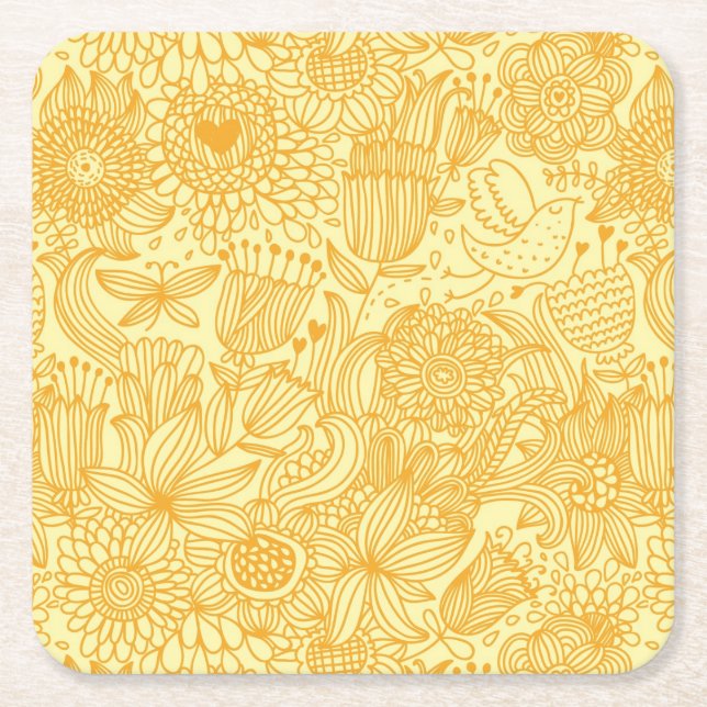 Summer floral pattern in warm colours square paper coaster (Front)