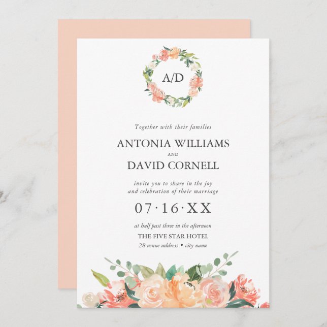 Summer Floral Peach  Botanical Monogram Wedding  Invitation (Front/Back)