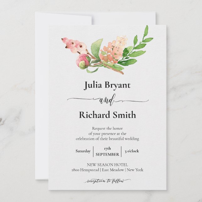 Summer Floral | Pink Berries Flower Bud Wedding Invitation (Front)