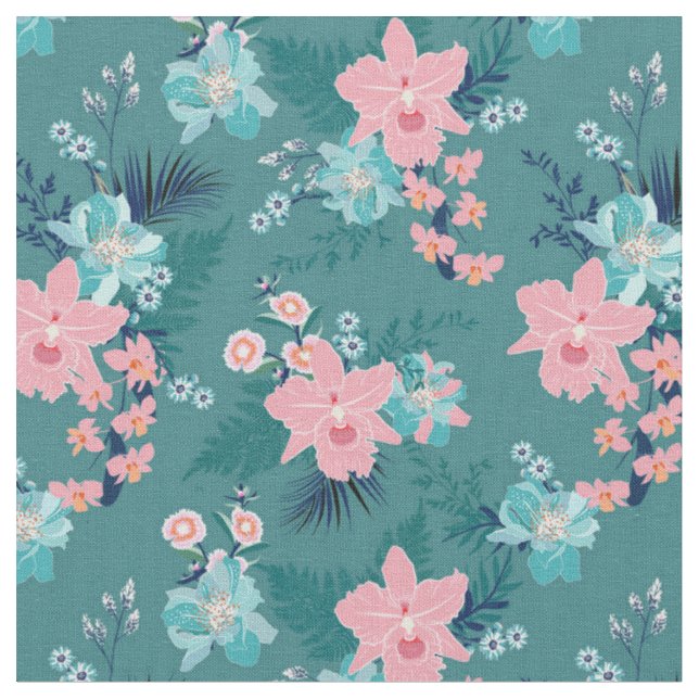 Summer Floral, Pink on Teal Background Fabric (Close Up)