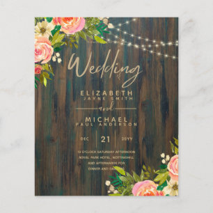 Summer Floral RUSTIC WOOD Pink Flowers Wedding Inv Flyer