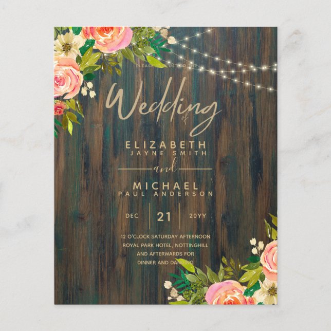 Summer Floral RUSTIC WOOD Pink Flowers Wedding Inv Flyer (Front)