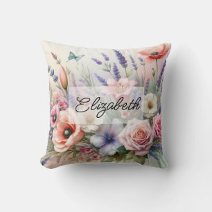 Summer floral watercolor roses lavender poppy cushion