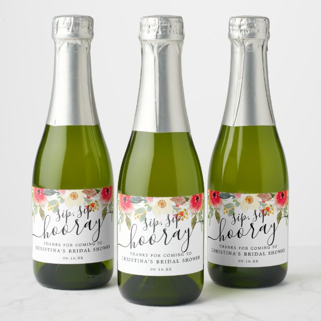 Summer Florals Sip Sip Hooray Bridal Shower Sparkling Wine Label (Bottles)