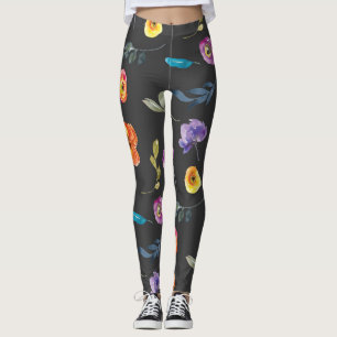 Summer Florals Watercolor on Black Background Leggings